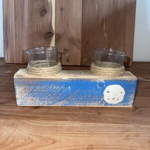 Nantucket Wooden Home Votive Glass Candle Holder Seashell Cottagecore Beach